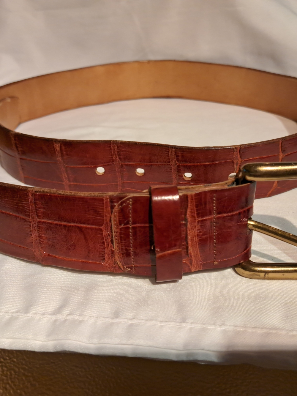 Men's Brown Crocodile-Embossed Leather Belt with Brass Buckle